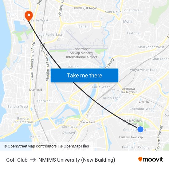 Golf Club to NMIMS University (New Building) map