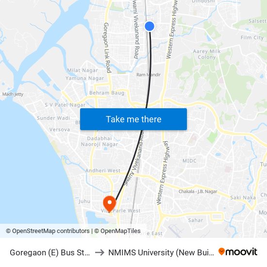 Goregaon (E) Bus Station to NMIMS University (New Building) map
