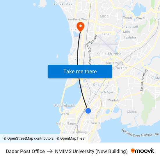 Dadar Post Office to NMIMS University (New Building) map