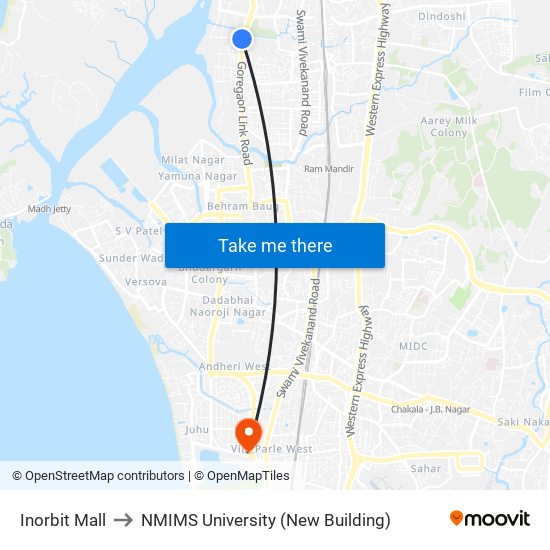 Inorbit Mall to NMIMS University (New Building) map