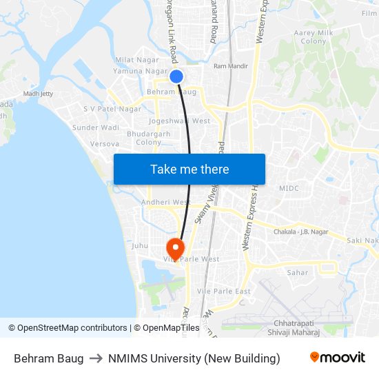Behram Baug to NMIMS University (New Building) map