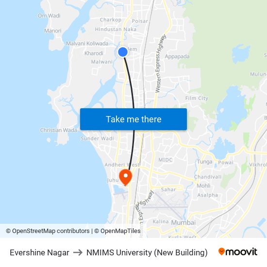 Evershine Nagar to NMIMS University (New Building) map