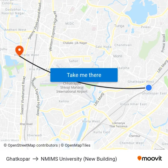 Ghatkopar to NMIMS University (New Building) map