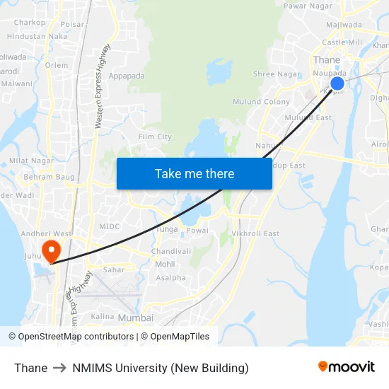 Thane to NMIMS University (New Building) map