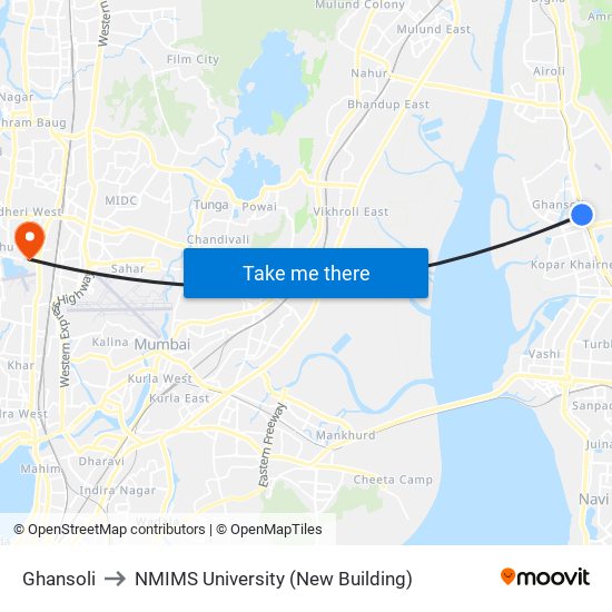 Ghansoli to NMIMS University (New Building) map