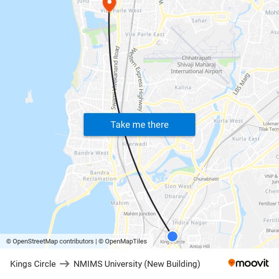 Kings Circle to NMIMS University (New Building) map