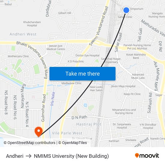 Andheri to NMIMS University (New Building) map