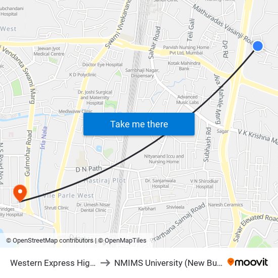 Western Express Highway to NMIMS University (New Building) map