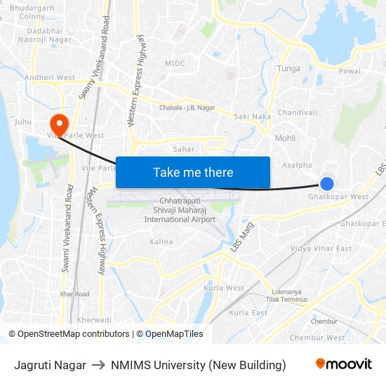 Jagruti Nagar to NMIMS University (New Building) map