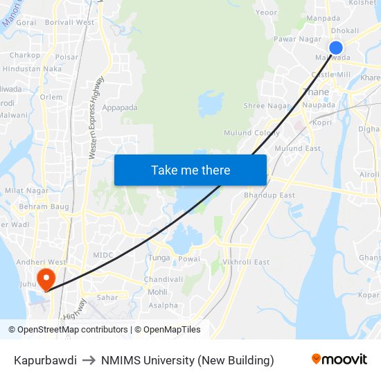 Kapurbawdi to NMIMS University (New Building) map