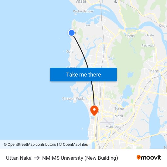 Uttan Naka to NMIMS University (New Building) map