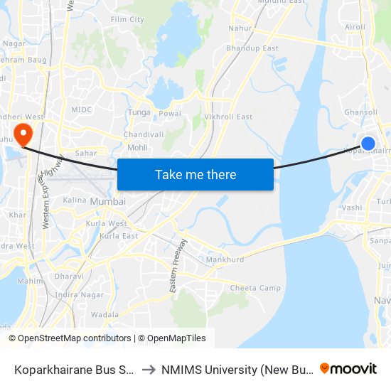 Koparkhairane Bus Station to NMIMS University (New Building) map