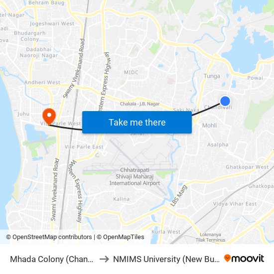 Mhada Colony (Chandivali) to NMIMS University (New Building) map