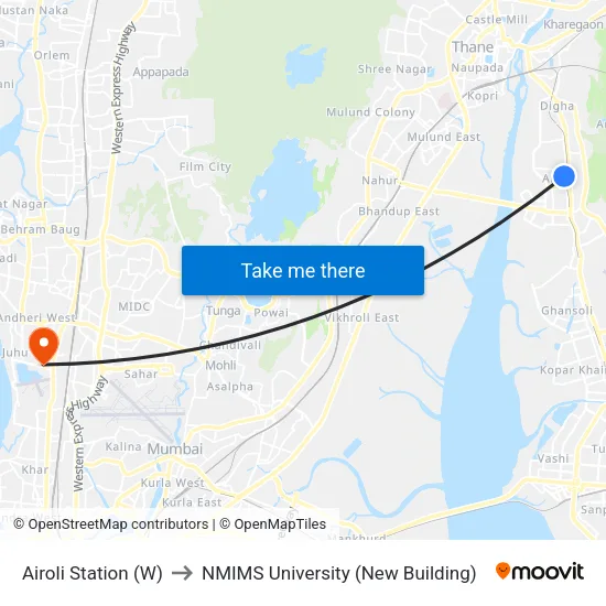 Airoli Station (W) to NMIMS University (New Building) map
