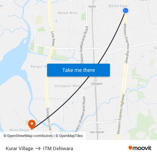 Kurar Village to ITM Oshiwara map