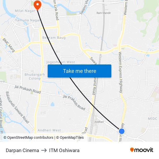 Darpan Cinema to ITM Oshiwara map