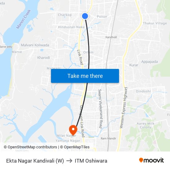 Ekta Nagar Kandivali (W) to ITM Oshiwara map