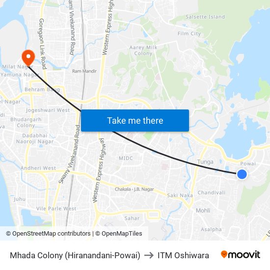 Mhada Colony (Hiranandani-Powai) to ITM Oshiwara map