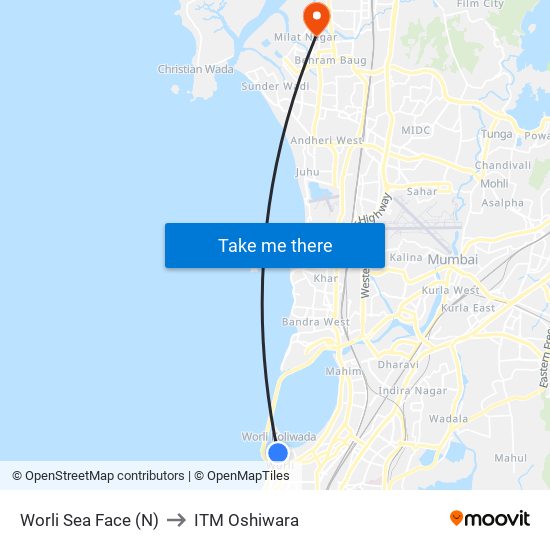 Worli Sea Face (N) to ITM Oshiwara map