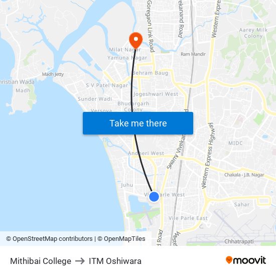 Mithibai College to ITM Oshiwara map