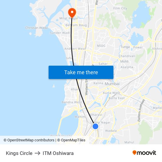 Kings Circle to ITM Oshiwara map