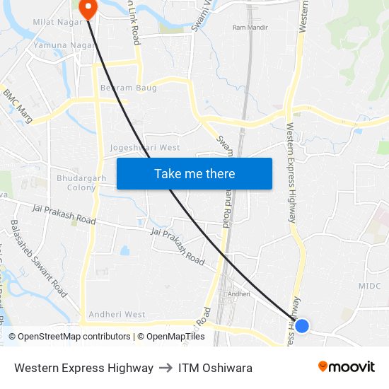 Western Express Highway to ITM Oshiwara map