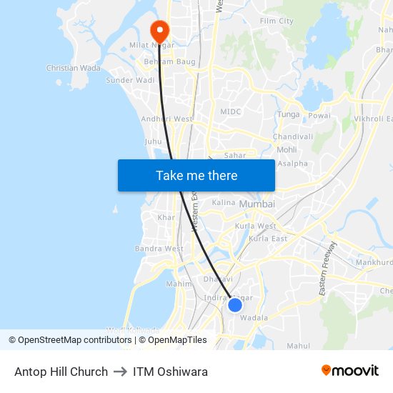Antop Hill Church to ITM Oshiwara map