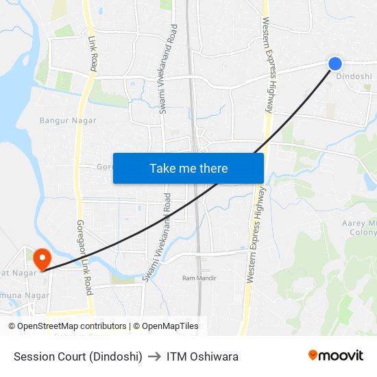 Session Court (Dindoshi) to ITM Oshiwara map