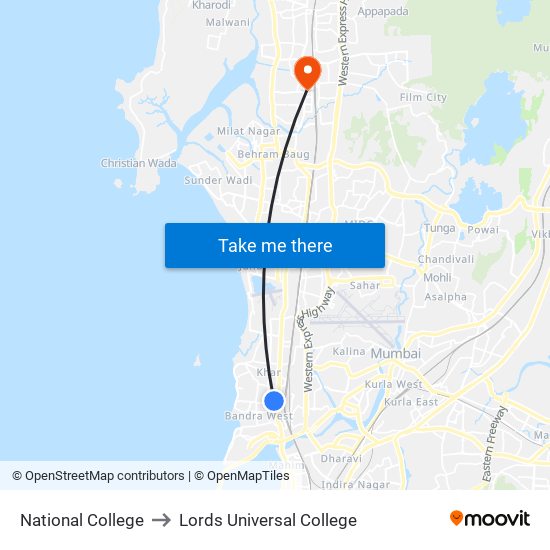 National College to Lords Universal College map