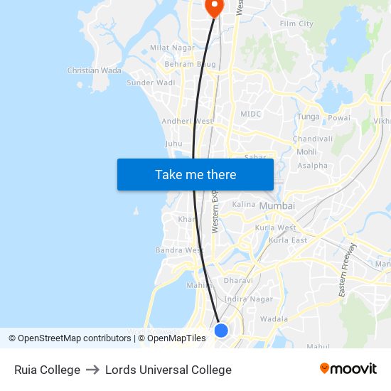 Ruia College to Lords Universal College map