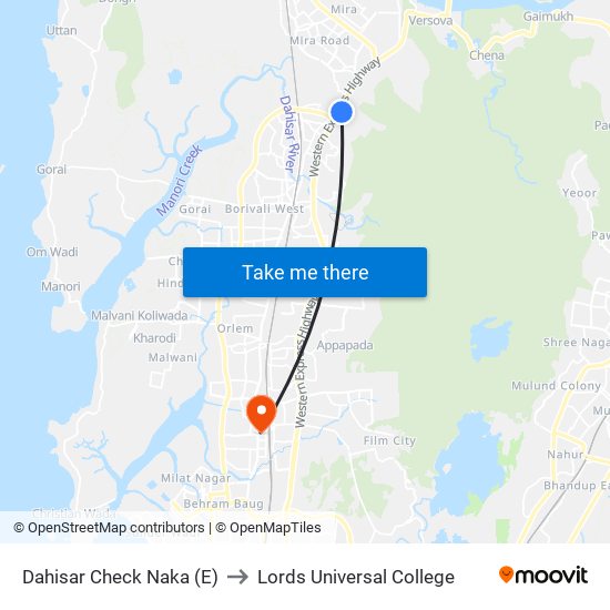 Dahisar Check Naka (E) to Lords Universal College map