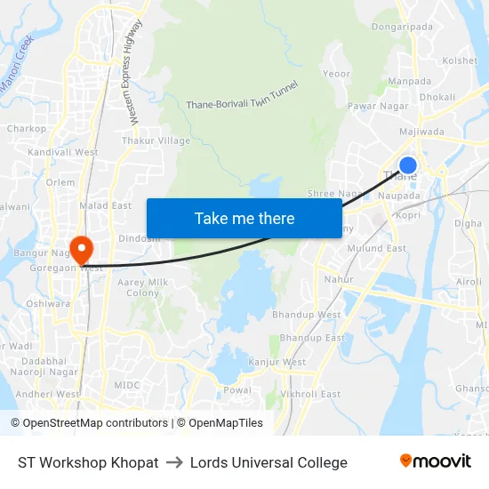 एसटी वर्कशॉप खोपट to लॉर्ड्स यूनिवर्सल कॉलेज map