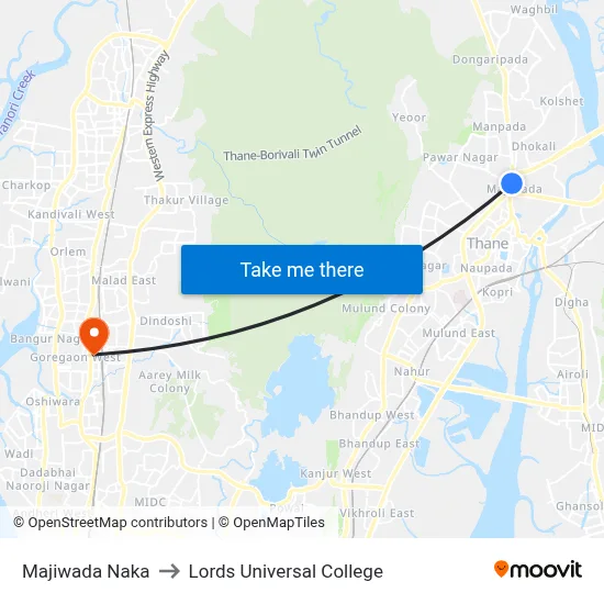 Majiwada Naka to Lords Universal College map