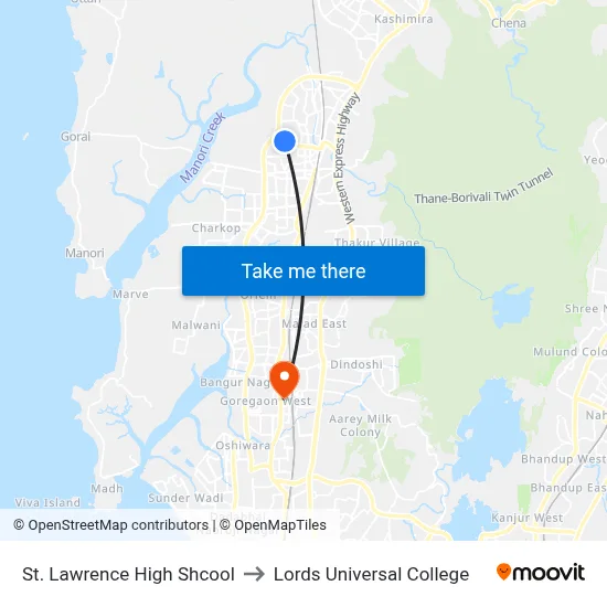 St. Lawrence High Shcool to Lords Universal College map