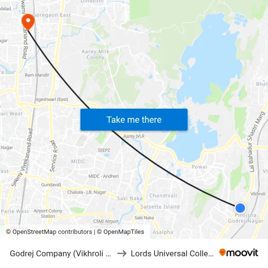 Godrej Company (Vikhroli W) to Lords Universal College map