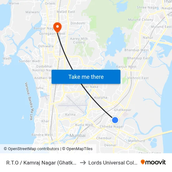 R.T.O / Kamraj Nagar (Ghatkopar) to Lords Universal College map