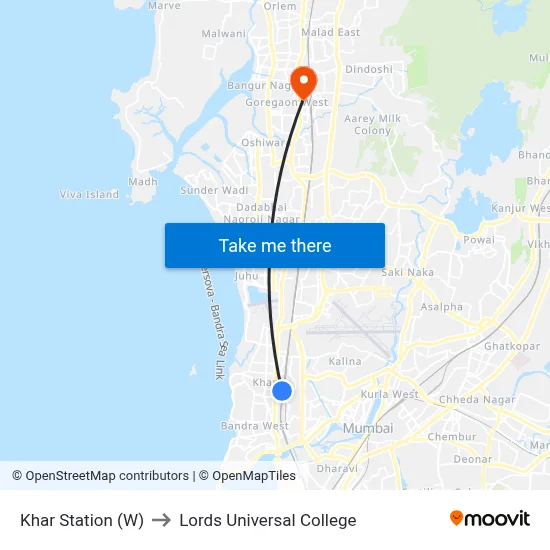 Khar Station (W) to Lords Universal College map