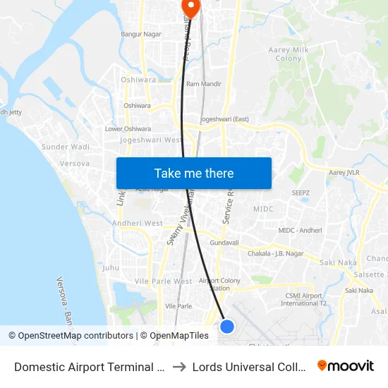 Domestic Airport Terminal 1-A to Lords Universal College map