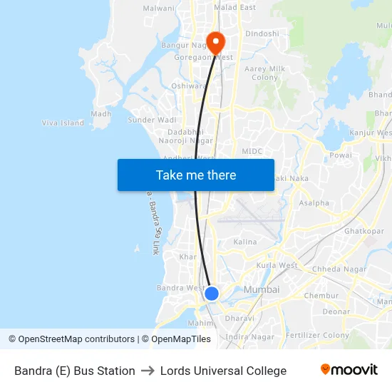 Bandra (E) Bus Station to Lords Universal College map