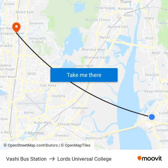 Vashi Bus Station to Lords Universal College map
