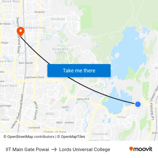 IIT Main Gate Powai to Lords Universal College map