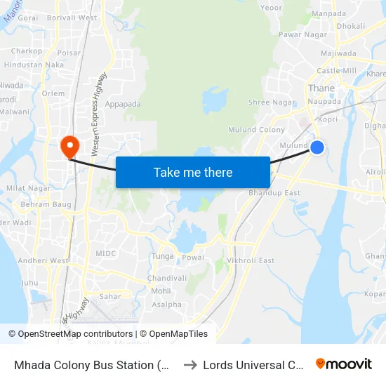 Mhada Colony Bus Station (Mulund) to Lords Universal College map