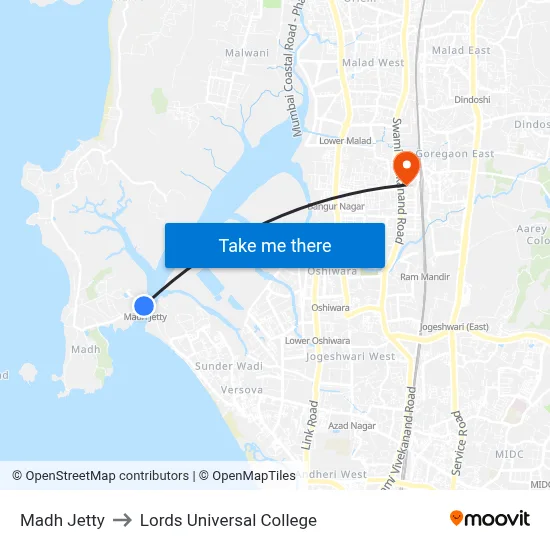 Madh Jetty to Lords Universal College map