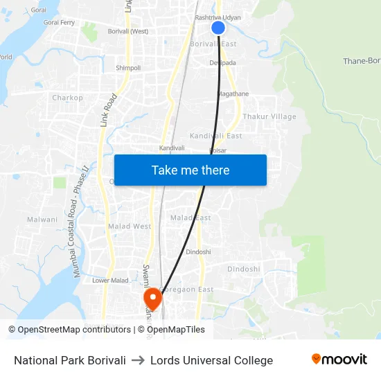 National Park Borivali to Lords Universal College map