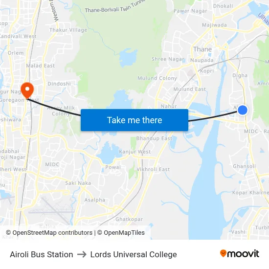 Airoli Bus Station to Lords Universal College map