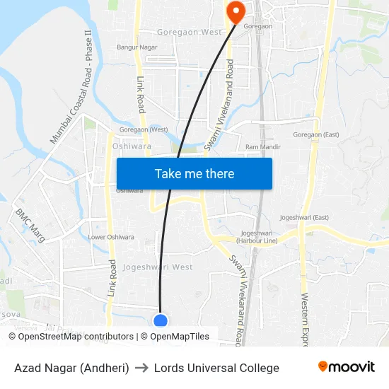 Azad Nagar (Andheri) to Lords Universal College map