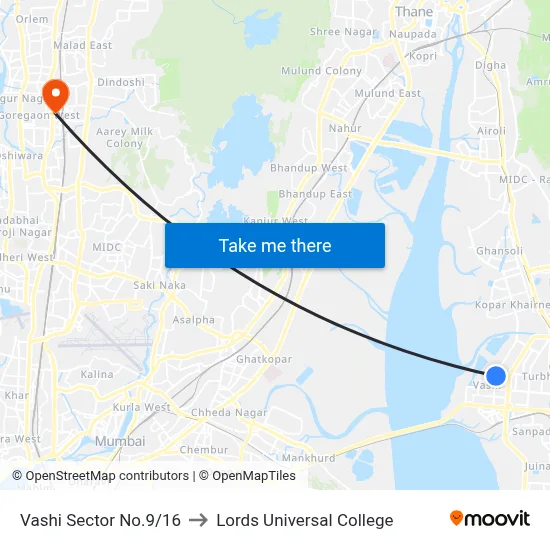 Vashi Sector No.9/16 to Lords Universal College map