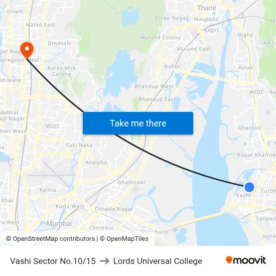 Vashi Sector No.10/15 to Lords Universal College map