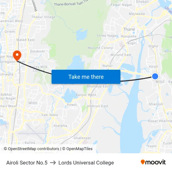 Airoli Sector No.5 to Lords Universal College map