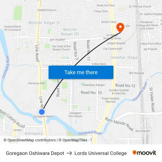 Goregaon Oshiwara Depot to Lords Universal College map